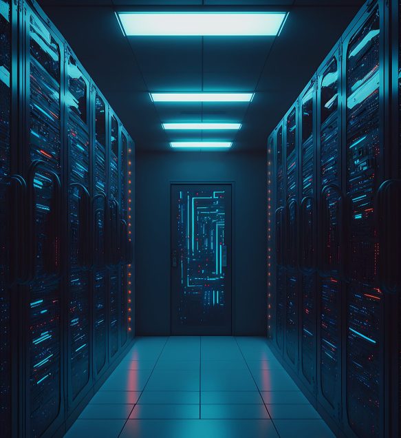 data server racks hub room with big data computer center. blue corridor interior for hosting storage hardware system